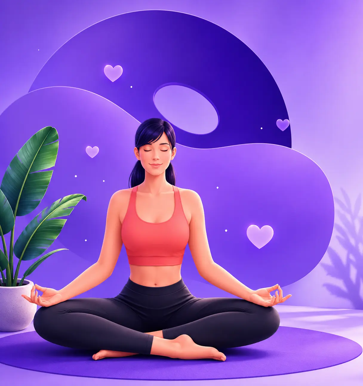 3D illustration of a woman meditating on a purple yoga mat